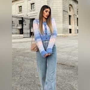 Zara Chunky Cable Knit Wool Alpaca Blend Cropped Cardigan Blue & Pink Large NEW